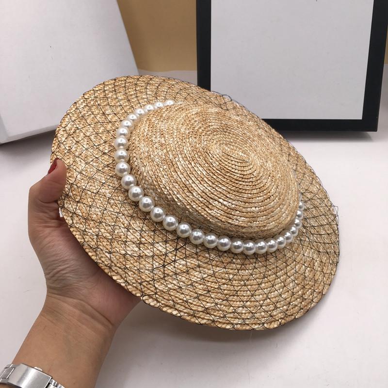 Straw Ladies Pearl Mesh Decoration Straw Hats Retro Tide Beach Sun Shade Womens Summer Caps Gril Fashion Elegante Wide Brim Hat
