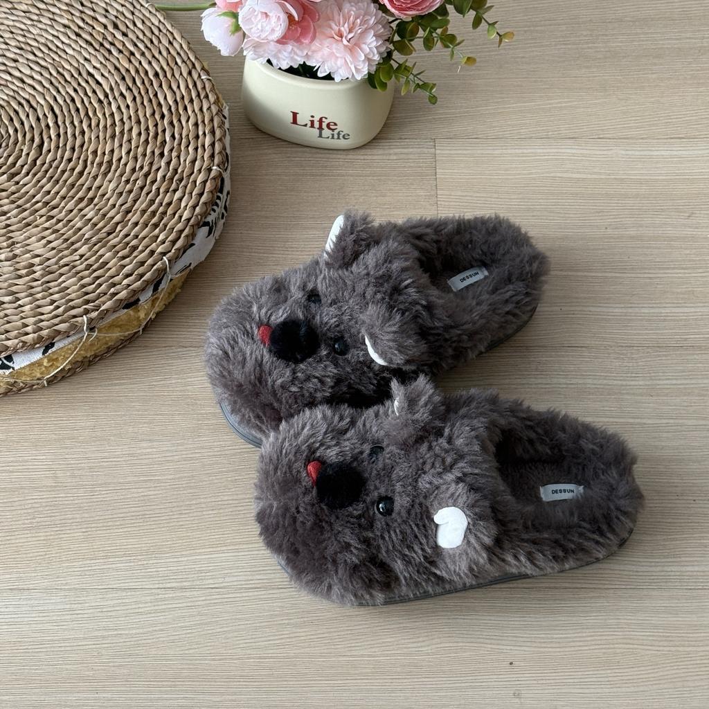 Fashion Winter Womens Cotton Slippers Cartoon Dog Couple Non-Slip Warm Indoor Home Slippers Plush Fluffy Comfortable Floor Slippers