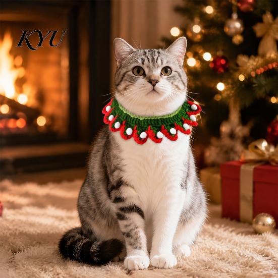 Festive Kitten Apparel Christmas Cat Costume, Knitted Bandana Pom-pom Hat, Cute Pet Costume Outfit for Holiday Party Winter Cats