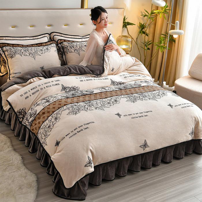 Cozy Flannel 230g Milk Velvet Printed Bed Set with Skirt - New Autumn/Winter Collection, Hot Seller