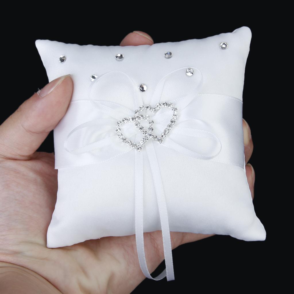 Satin Pocket Ring Pillow Double Heart Crystal Rhinestone Cushion Wedding Party Anniversary Supplies