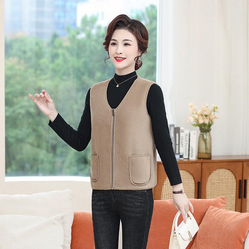 

Новый осенне-зимний флисовый жилет, теплая куртка, жилет для женщин среднего и пожилого возраста с флисом, жилет большого размера XXXXL160-90 kg кофейный