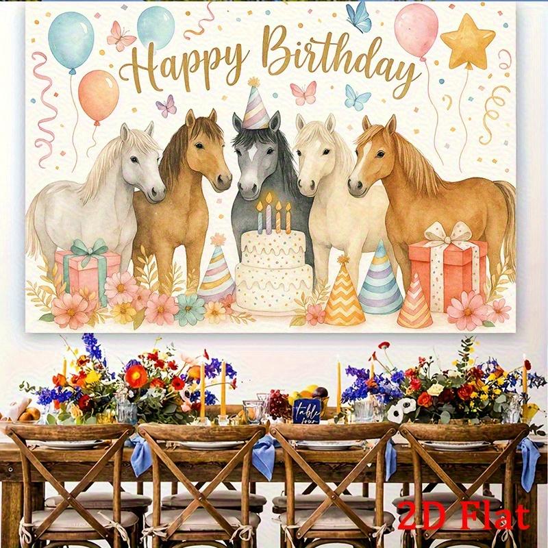 2D Plane Design, Banner for the Horse's Birthday Party, with Warm Blessings - Cute Balloon, Gift and Flower Background Cloth