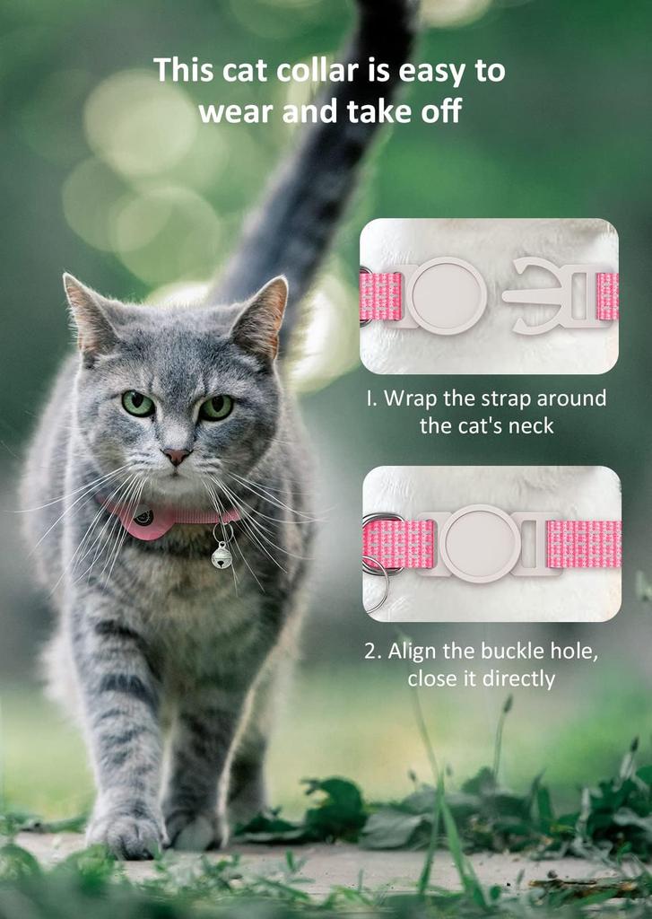 AirTag Cat Collar, Reflective Kitten Collar Detached Cat Collar, GPS Cat Collar with AirTag Bracket and Bell, Lightweight Tracking Cat Collar