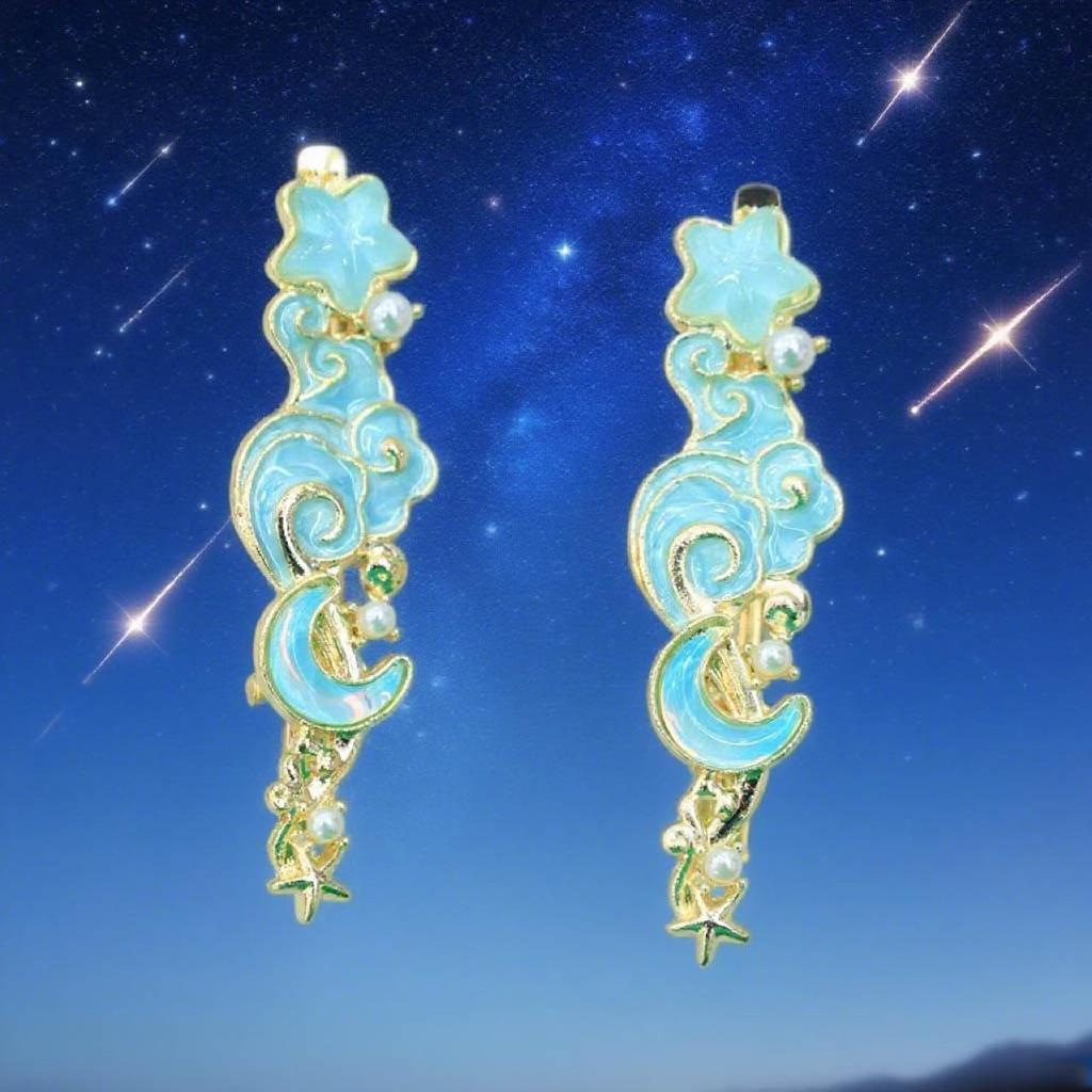 Dreamy Blue Fishtail Pearl Duckbill Clip for Fine Hair with Star Moon Design