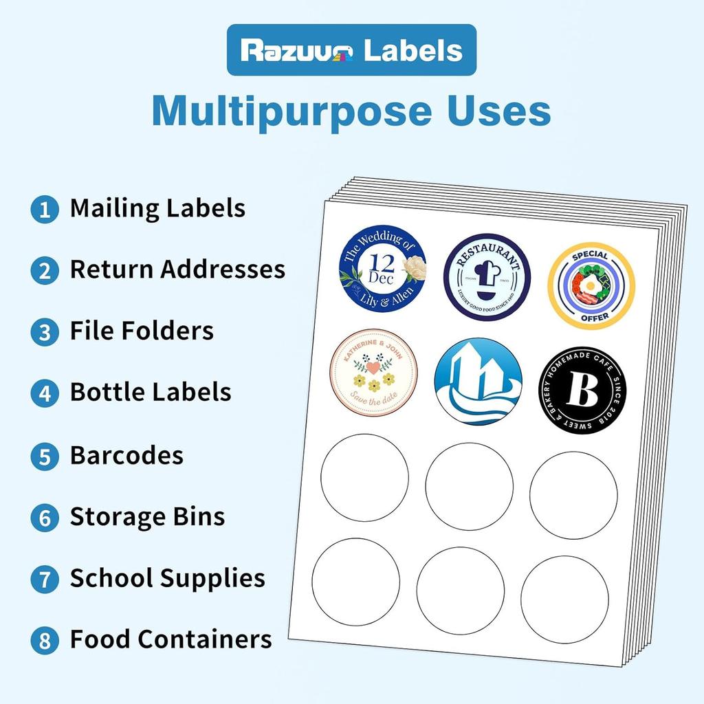 3" Circle Sticker Labels, Round Printable Sticker to Write On, Sticker Paper for Inkjet Printer, (6 Labels/Sheet), 30 Sheets