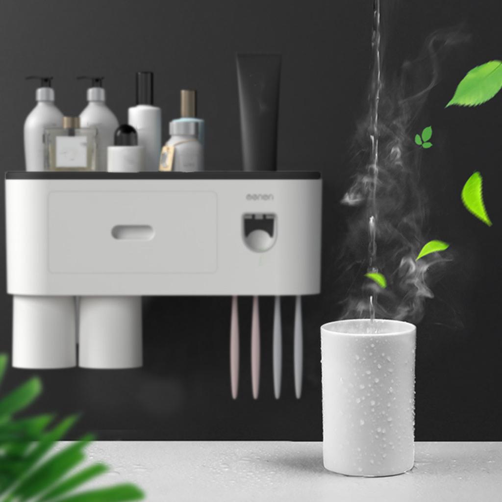 Multifunctional Wall-Mounted Toothbrush Rack, Automatic Toothpaste Dispenser Toothbrush Organizer with Drawer