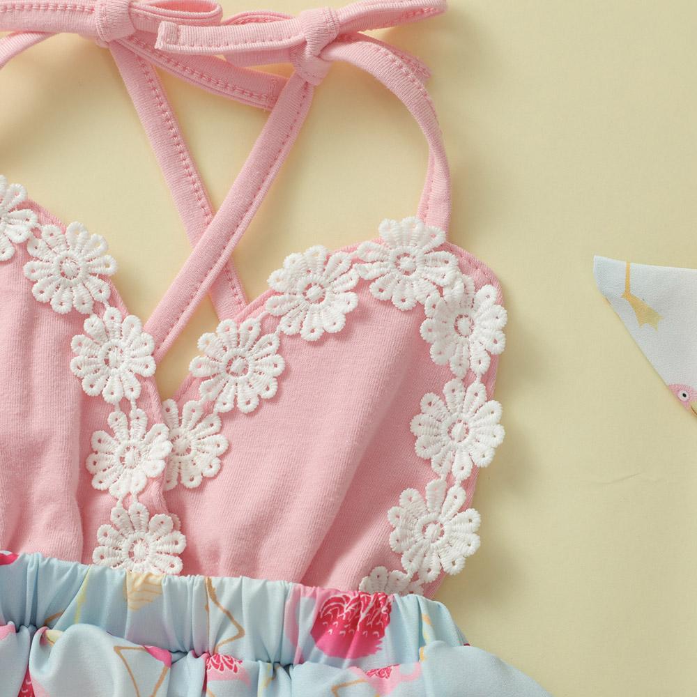 2 st Spädbarn Baby Flicka Rygglös Flamingo Romper Rem Jumpsuit Klänning +Hårband