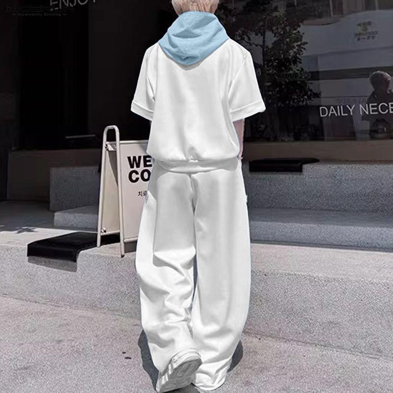 INCERUN Two Pieces Men Short Sleeve Splicing Hooded T-shirts Long Pants Sets