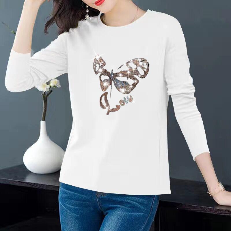 

Spring and Autumn New Fashion Crew Neck T-Shirt Women s Top Long Sleeve Diamond Bottom Shirt M