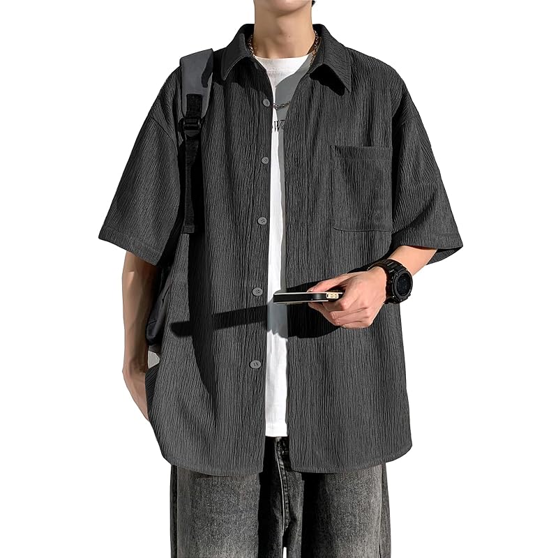 

[FUZHIHUA] shirt men s short sleeve summer clothes Relaxing pocket Sweat absorbent and quick drying Plain color soft comfortable light simple casual