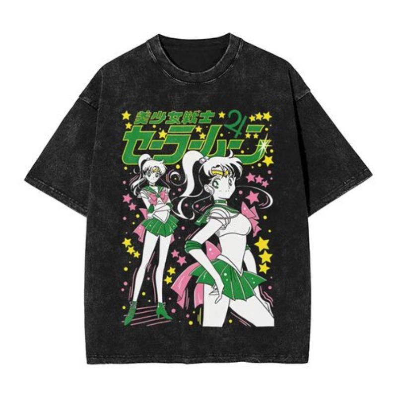 Sailors Moons Vintage Washed T Shirt  Women 100% Cotton Casual T-Shirt O Neck Anime Tees Short Sleeve Clothes Plus Size