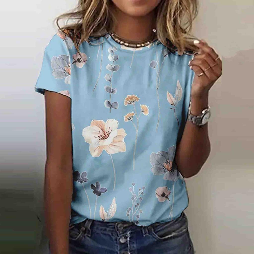Women's Fashion Casual Short Sleeve Flower Print Round Neck Pullover Top Blouse