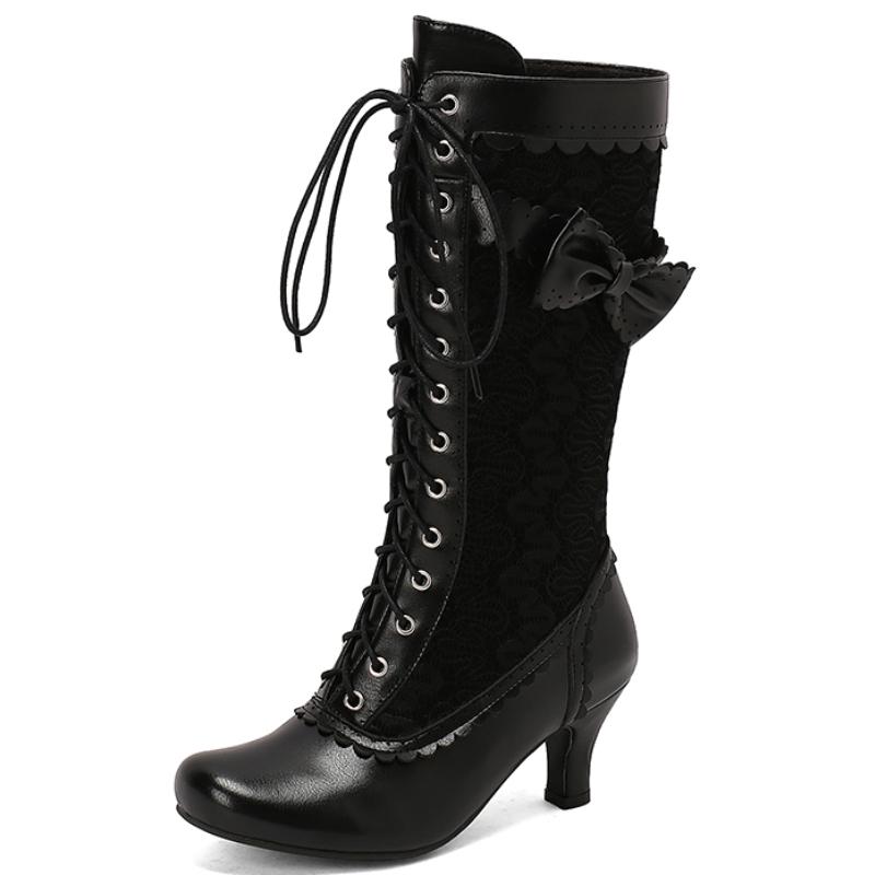 Mode Automne Hiver Bottes Hautes pour Femmes Noir Rouge Botte Haute au Genou Femme Talon Moyen Lacets Chaussures de Fête Dames Grande Taille