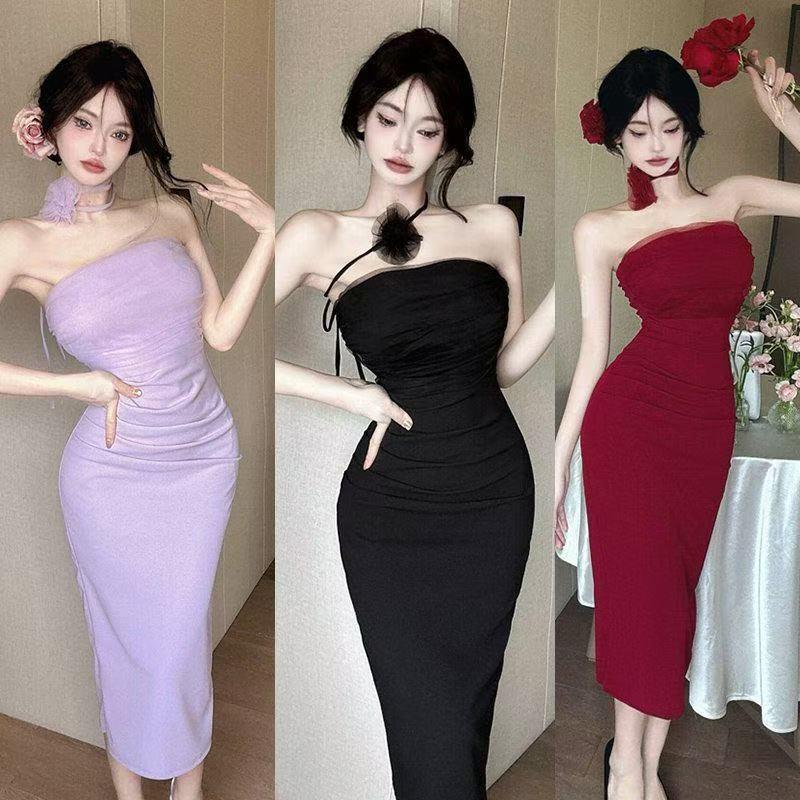 Thai-Style Floral Strapless One-Shoulder Summer Dress: Sexy, Backless, Slimming Bodycon Design