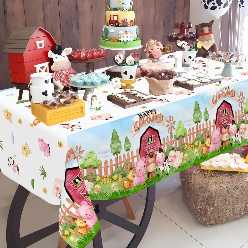 Farm Animals Party Tablecloth Farmhouse Disposable Plastic Table Cover Pig Cow Sheep Barnyard Animal Theme Birthday Party Decor