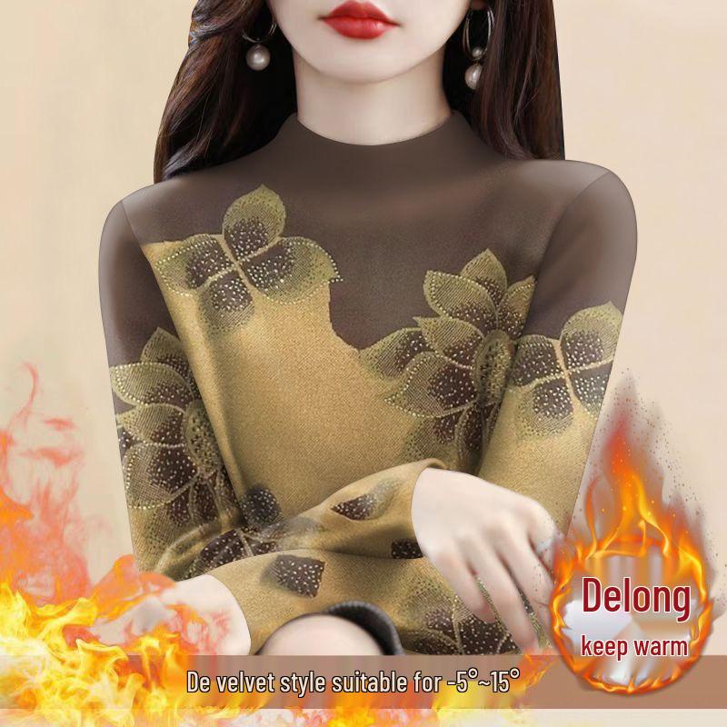 Women's Plus Size Fleece Lined Semi-High Neck Long Sleeve T-Shirt