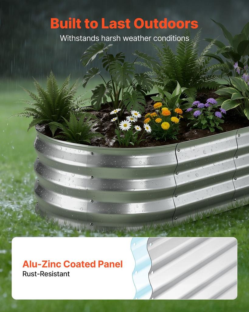 2 Pack Galvanized Raised Garden Beds, 1200 X 600 X 300 Mm, Oval Metal Planter Boxes Kit Outdoor, Bottomless Elevated Garden Box with Gloves, Alu-Zinc,