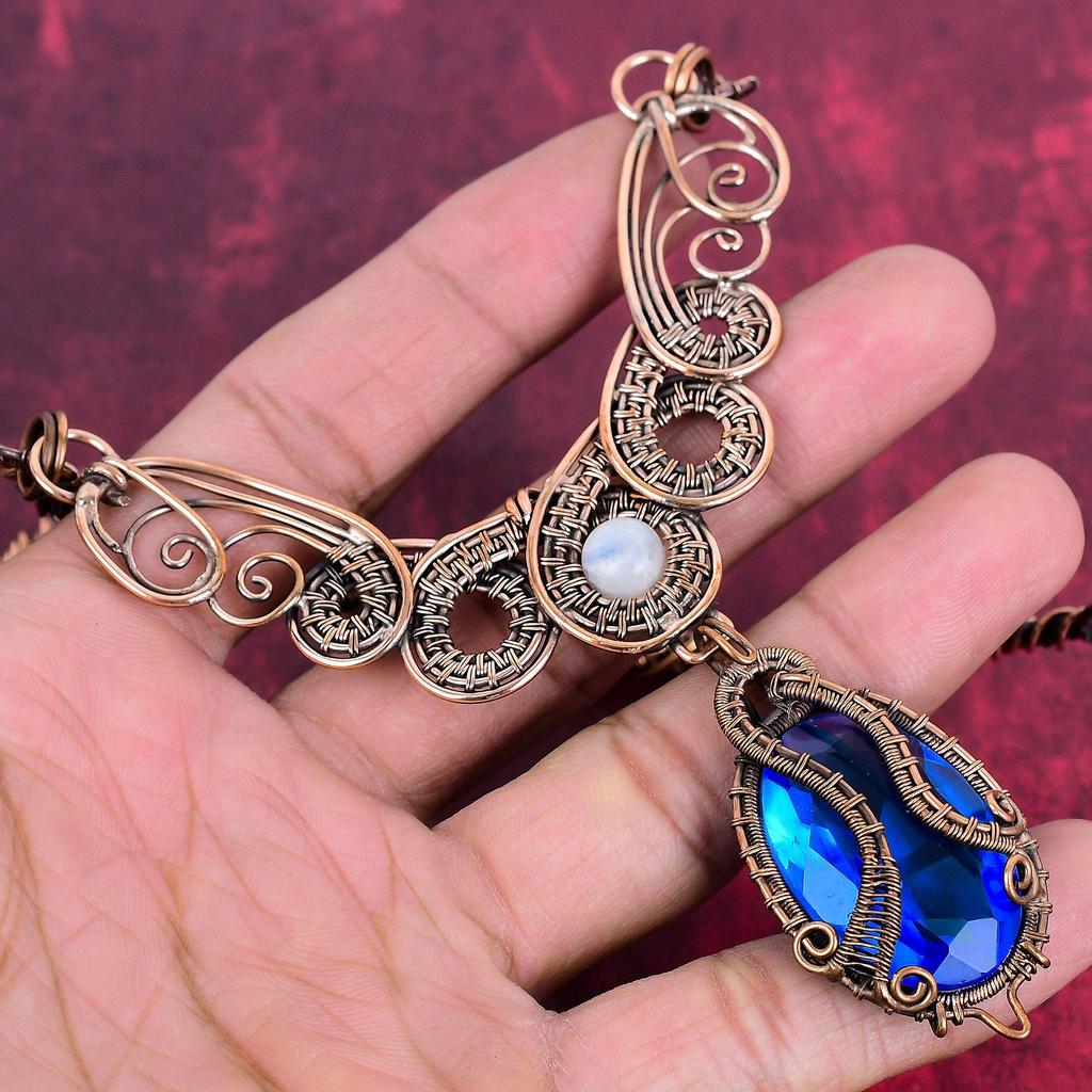 Faceted London Blue Topaz Gemstone Necklace Copper Wire Wrapped Necklace Handmade Jewelry Rainbow Moonstone Necklace Copper Jewelry for Gift