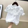 Abbigliamento estivo per bambini Camicie a maniche corte in pizzo dolce Camicie casual Camicie per bambini Moda per ragazze Colletto rovesciato Camicie in tinta unita
