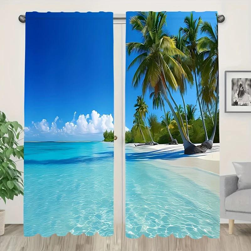 2 pieces of blue seaside view printed curtains, pole bag curtains, bedroom and living room, home decoration, room decoration