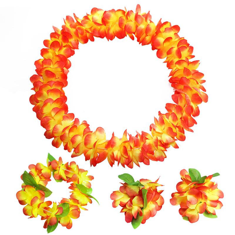 4Pcs/set Hawaiian Leis Garland Bracelets For Luau Summer Tropical Birthday Party Decoration Artificial Flower Wreath Necklace