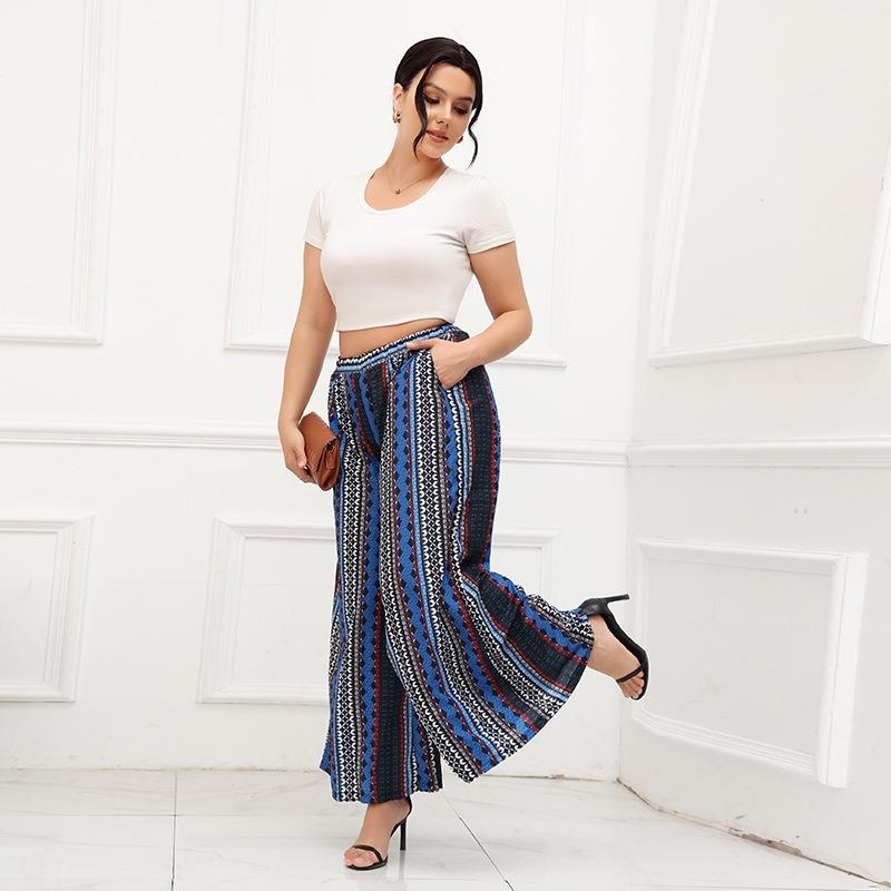 Women's Bohemian Waist Wide Leg Trousers Casual Loose Plus Size Pants Vintage High Waist For Female Trousers Chic Fashion Straight Pants Beach Pants