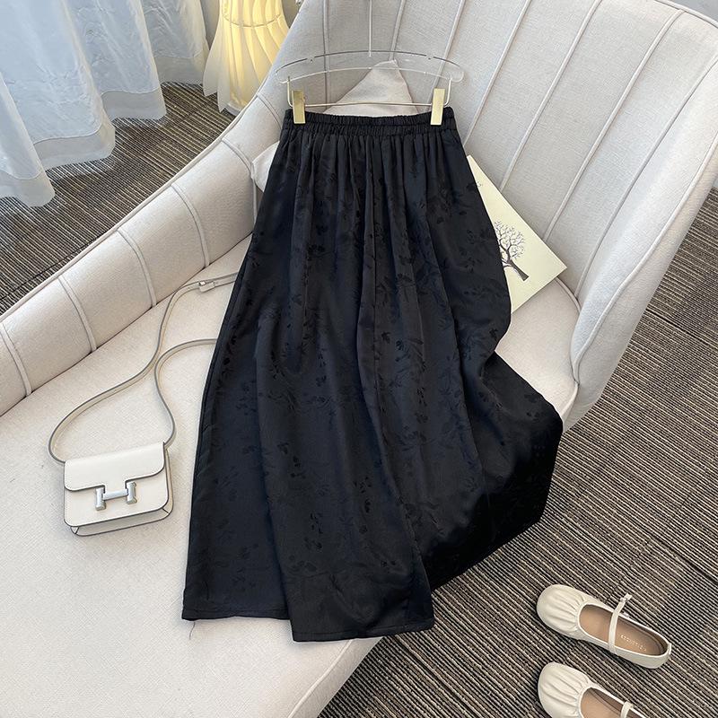 

2025 Spring/Summer Slimming High-Waisted Black Midi Skirt - Light National Style Jacquard Design Large чёрный
