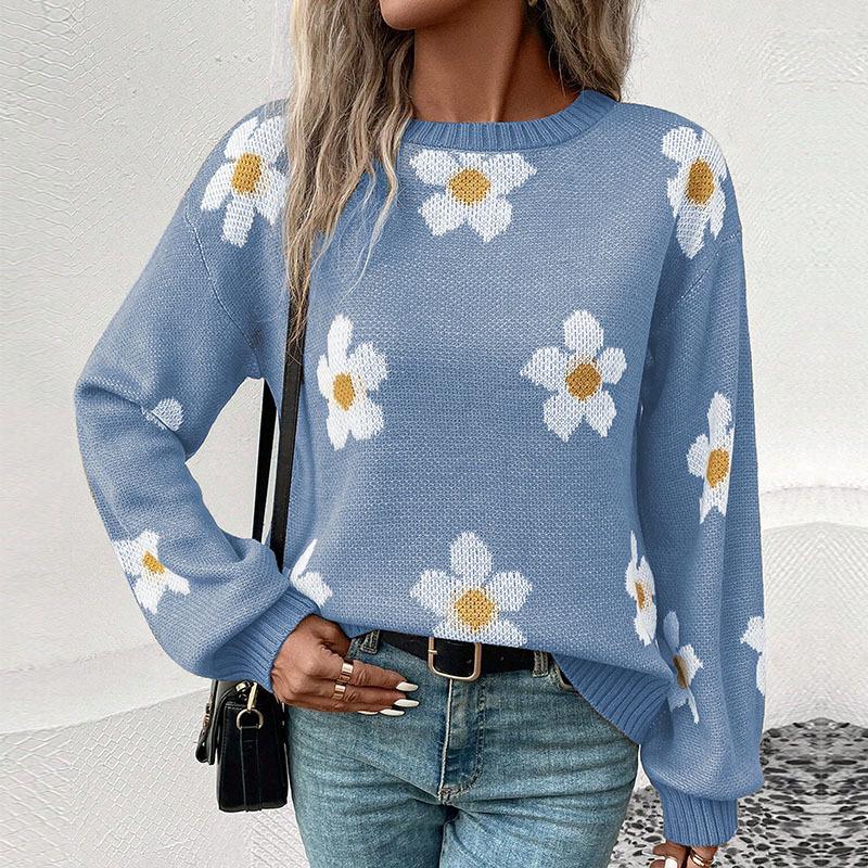 Autumn 2024 Women's Floral Knit Pullover Sweater - European & American Style, Long Sleeve, Round Neck, Casual Fit