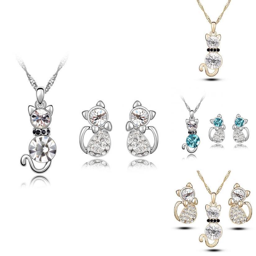 Cat 3pcs Crystal Shaped Necklace Earrings Jewelry Set Gift Teen Girls For Women