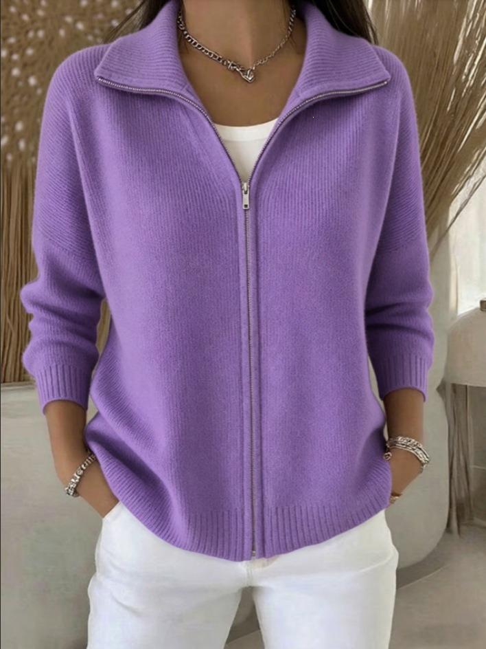 2026 Autumn/Winter Women's Solid Color Zipper Knit Lapel Sweater Cardigan