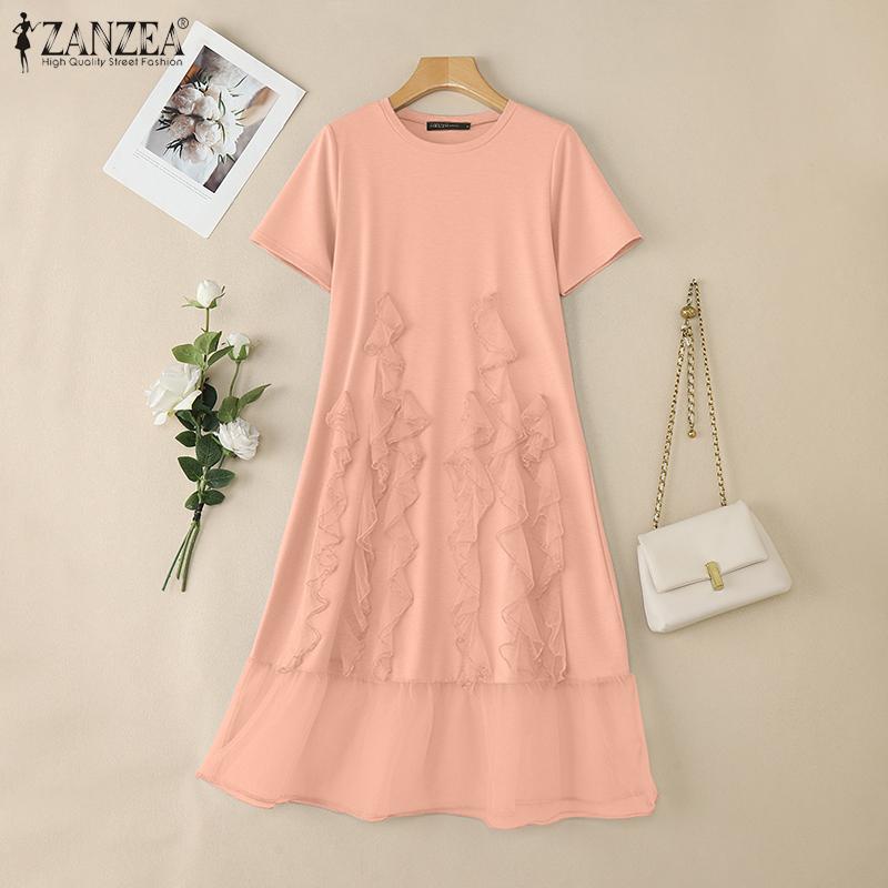 ZANZEA Vestido Casual de Verano para Mujer con Cuello Redondo y Manga Corta Empalmado