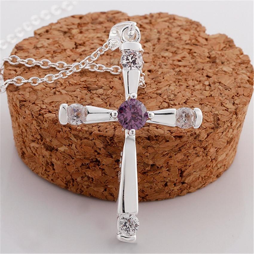 Fashion Jewelry Silver Plated S925 Silver Fashion Cross Purple Crystal Zircon Necklace