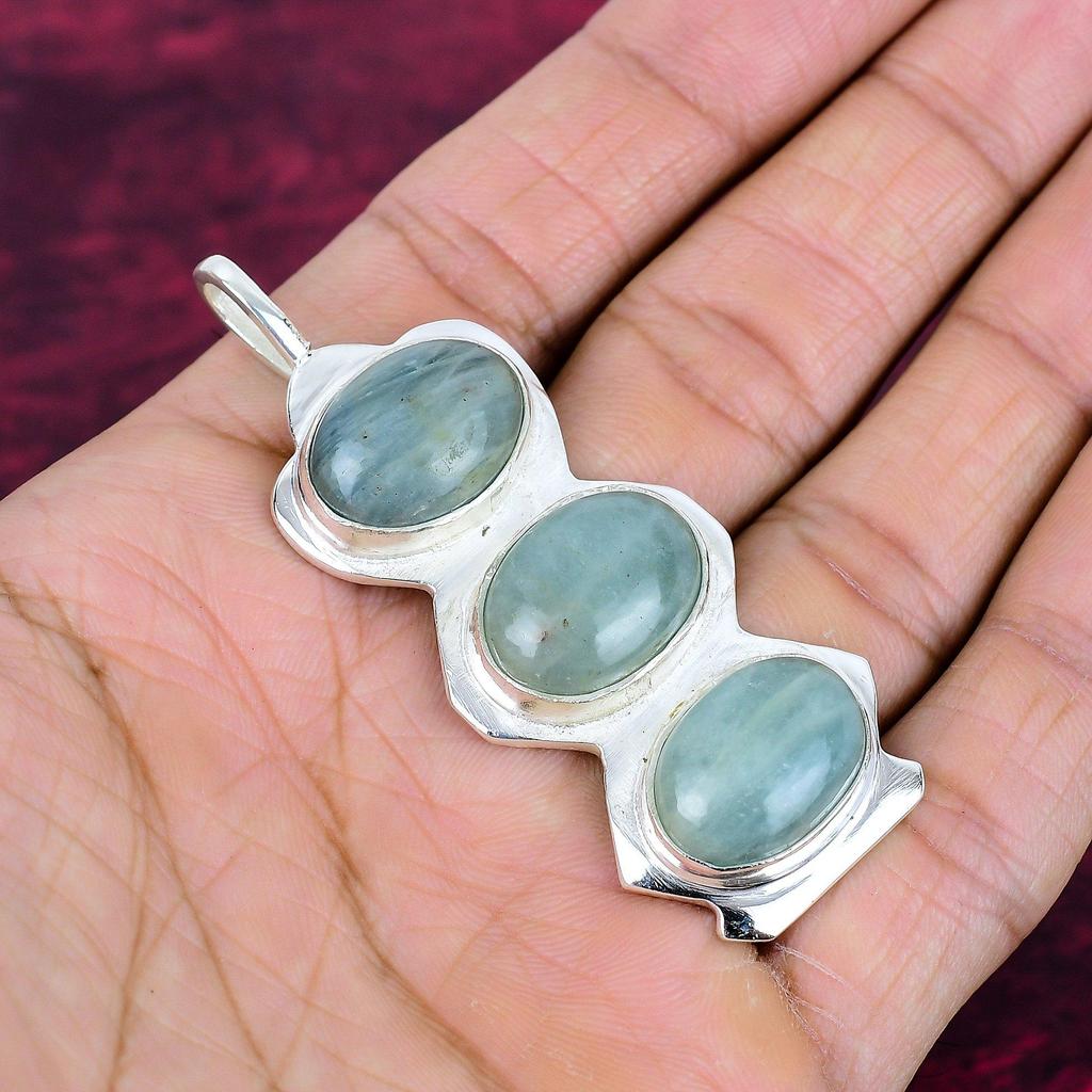Aquamarine Gemstone Pendant, 925 Solid Sterling Silver Pendant Jewelry, Handmade Antique Jewelry Gift For Mother