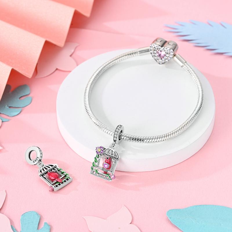 Charms Copper Birdcage Purple Flower Bird Pendant Beads Fit Charms Plata Original Bracelet Beads Women Jewellery Making
