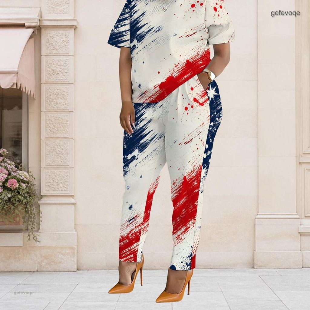 Women Plus Size Two Piece Set Short Sleeve Top Pocket Pants Star Stripe Patriotic Print Outfit