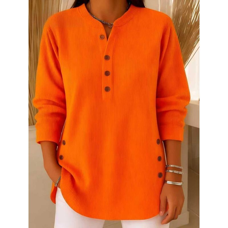 2025 New Corduroy Solid Color Loose Casual V-Neck Button Long Sleeve Women's Top T-Shirt