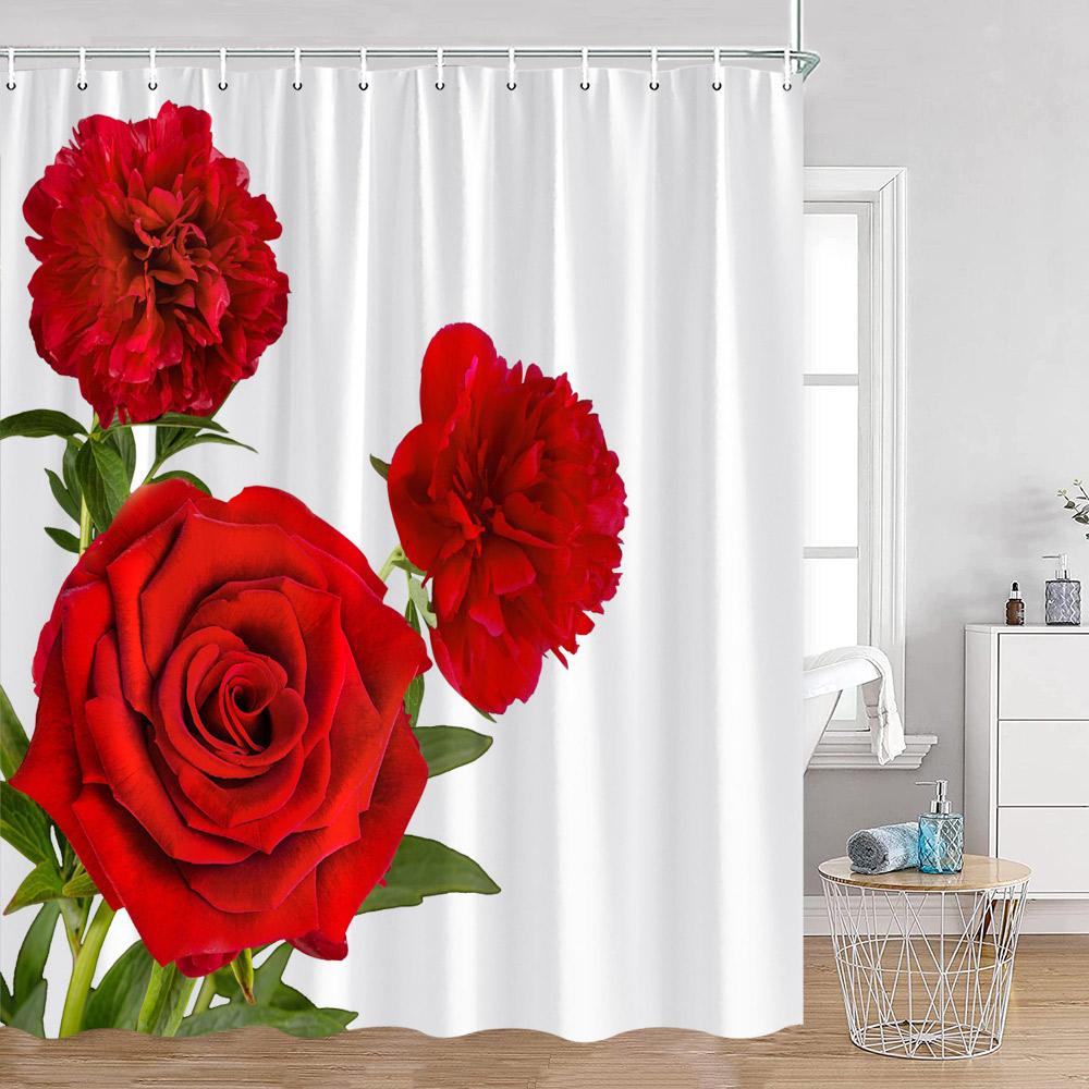 Red Roses Floral Shower Curtain Romantic Flower Plant Love Romance Bath Curtain Polyester Modern Bathroom Decoration with Hook