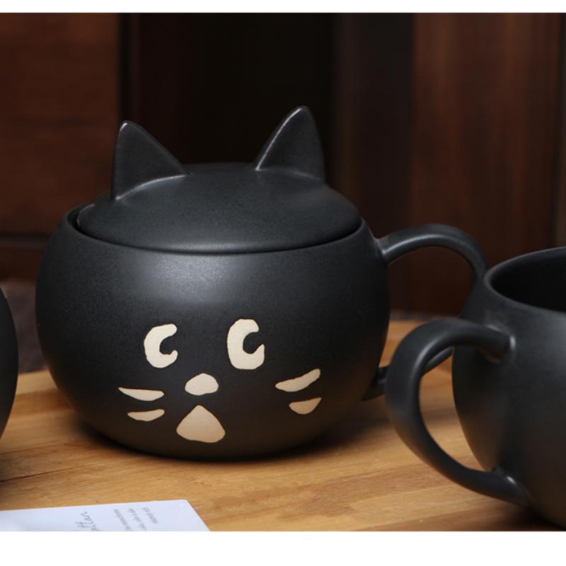 Überraschungskatze schwarz bedeckte Tasse aus Keramik für Zuhause, Paar, Kaffee, Milch, japanisches kreatives Geburtstagsgeschenk