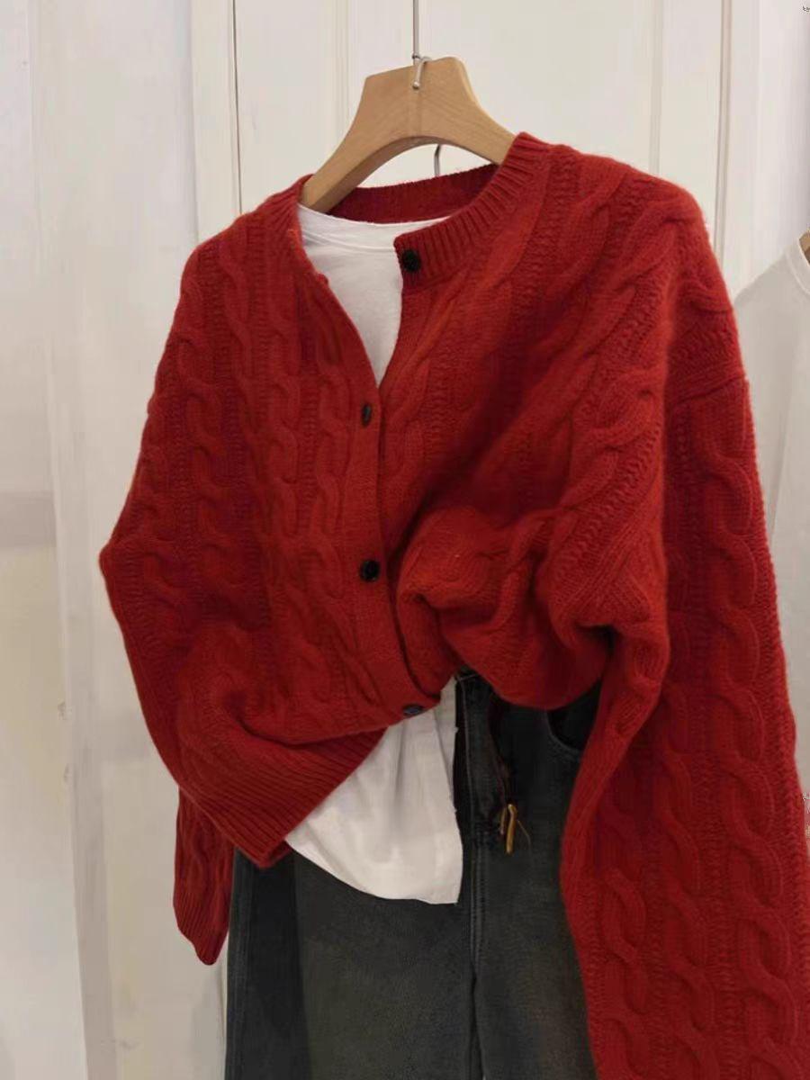 

Европейский Высококлассный 2024 Ранняя Осень Женский Кардиган из Чистой Шерсти Кашемира XL красный