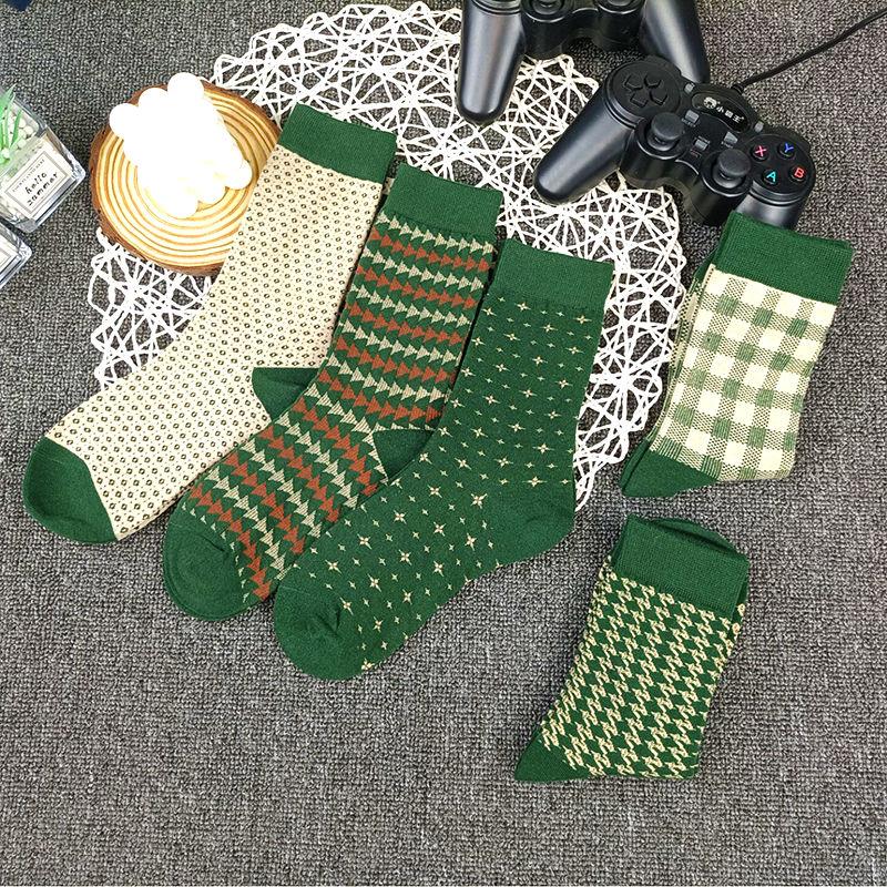 5 Pairs Socks Women's Medium Tube Socks Autumn and Winter Double Needles Ins Trendy Versatile Pure Cotton Retro Cute Green Stockings Stacking Socks