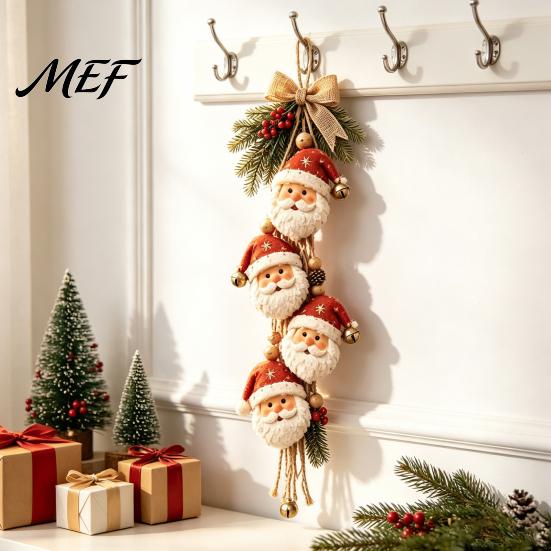 Xmas Tree Hanging Pendant Wooden Santa Claus Ornament, 2D Flat Pattern Sign with Jute Christmas Decorations for Home Shop Rope And Bell, Vintage Door