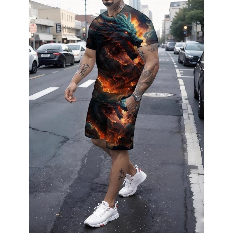 

2-piece set of cool knitted 3D fashion printed men s short-sleeved T-shirt and shorts set for teenagers XL
