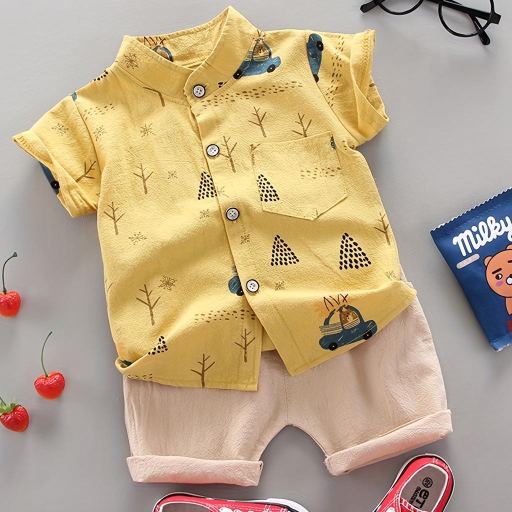 Infant and Toddler Summer Full Print Bear Driving Pattern Short Sleeved Shorts Set for Outdoor Standing Collar Shirt Fashion Two