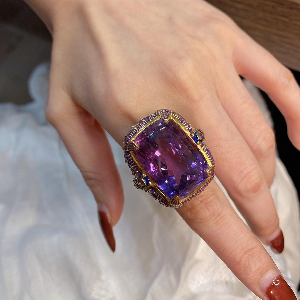 Imitation Enamel Gilded Color Italian Natural Amethyst Ring Pendant Set Palace Style Color Treasure Necklace Female