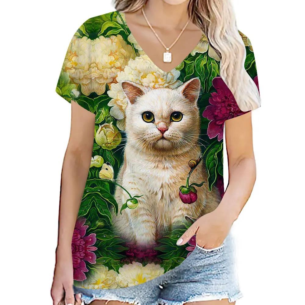 Cute Cat 3D Digital Printed Women's Casual and Comfortable V-neck Short Sleeved T-shirt