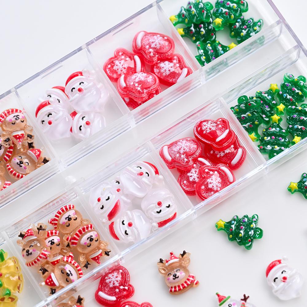 12Gird Kawaii Mini Snowman Xmas Tree Nail Charms 3D Reindeer Bell Santa Claus Nail Rhinestones Resin Christmas Nail Gems 30-60pc