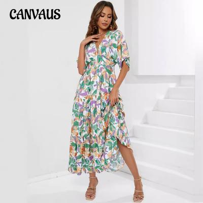 Summer Women's Dress Bat Sleeve V Neck Waist Long Beach Holiday Dresses