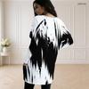 Women Plus Size Round Neck Long Sleeve Loose Black White Printed Longline Tunic With Pockets