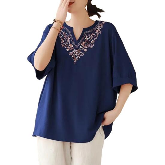 Women T-shirt Deep V Neckline Embroidery Floral Pattern Pullover Tops Pure Color Loose Fit